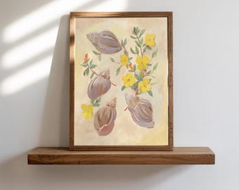 Wydruk artystyczny z muszlą, kolorowy obraz z muszlą w rdzeniu domku, dekoracja ścienna z motywem botanicznym na plaży