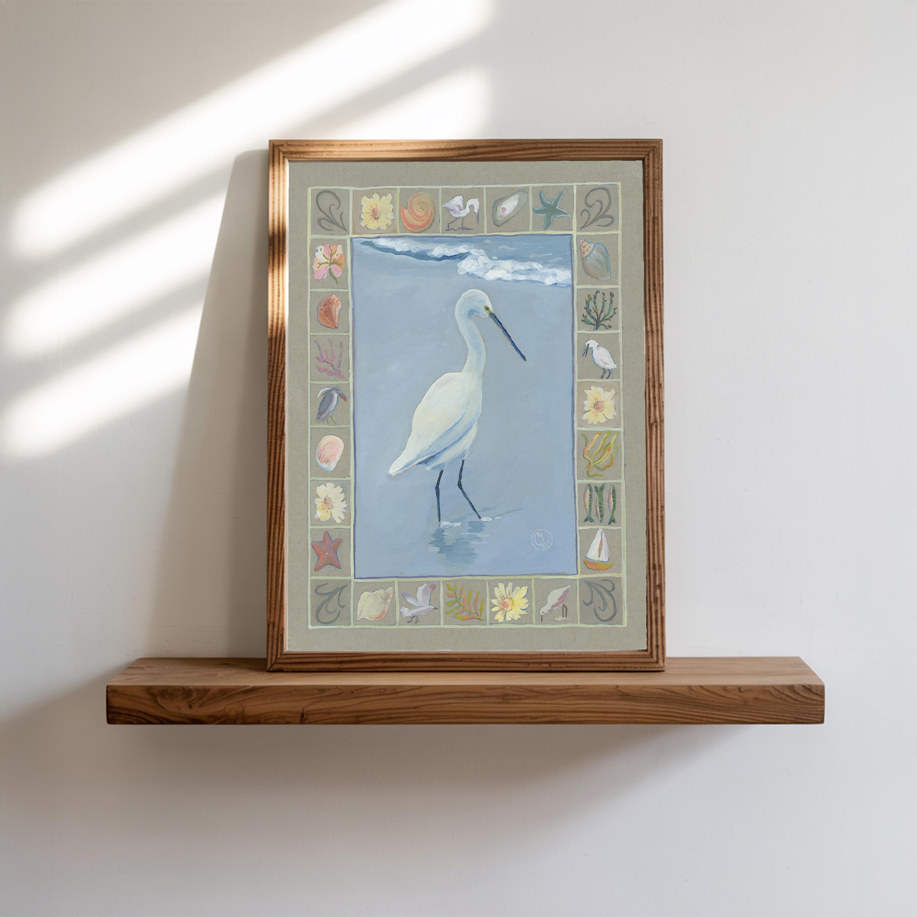 Egret Shore Bird Wall Art Print: Watercolor Coastal Nursery Decor (Tidepool Folk)