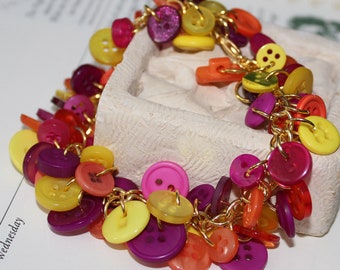 Fiesta - Vintage Hand Dyed Multi Brightly Colored Buttons Charm Cha Cha Silver Bracelet