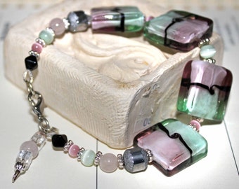 Art Deco - Pink and Green Square One of a Kind Lampwork Beads Beaded Bracelet