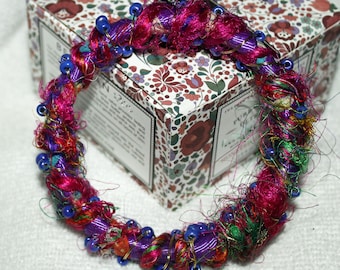 Jewel Tone - Silk Sari Cord/Yarn Wrapped Beaded BoHo Bangle Bracelet