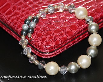 Shades of Grey - Grey & White Glass Pearl with Rondelle Glass Beads Beaded Wrap Bracelet