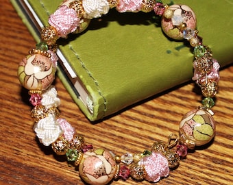 Cherry Blossom -   Japanese Tensha Beads -  Moroccan Silk Beads Beaded Wrap Bracelet