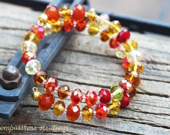Autumn Blaze - Beautiful Mix of Faceted Rondelles Fire Polished Glass Beads Beaded Gold Wrap Bracelet