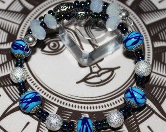 Ocean - Indigo Blue Lampwork Glass Beads w/ Iridescent Seed Beads Beaded Bracelet