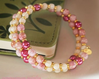 Tickle Me Pink - Marbled Pink Beads - Cream Melon Beads - Pink Pearl Glass Beads Beaded Wrap Bracelet