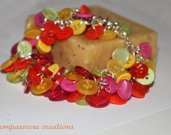 Fruit Punch - Vintage Hand Dyed Multi Colored Pastel Buttons Charm Cha Cha Silver Bracelet