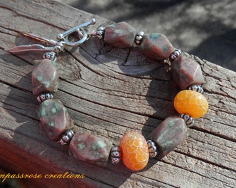 Rock Of Ages - Fancy Jasper and Yellow Fire Agate Stone Beads Beaded Silver Bracelet