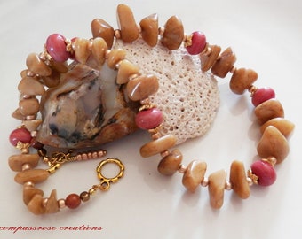 Caramel Apple - Caramel Jasper Stone Breads with Lampwork Glass Beads Beaded Necklace