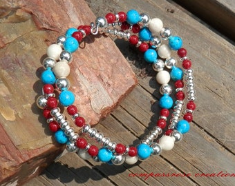 SouthWest - Glass and Stone Beads Beaded Silver Wrap Bracelet