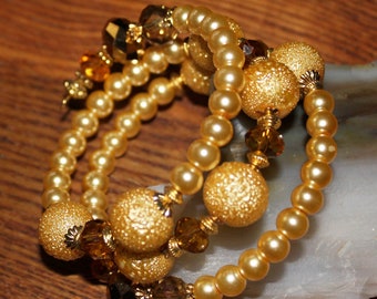 All That Glitters -  Textured Glass Pearls - Glass Pearls Golden Yellow Beaded Bracelet