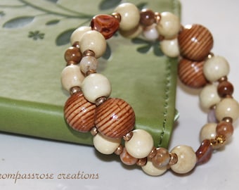 Wood Wind -  Wood Beads with Morocco Agate Stone Beads Beaded Wrap Bracelet