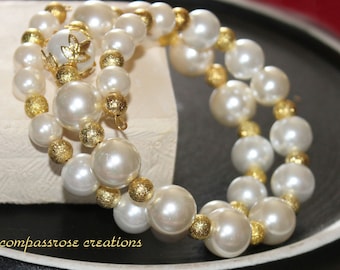 White Gold - White Glass Pearl Beads with Gold Stardust Beads Beaded Wrap Bracelet