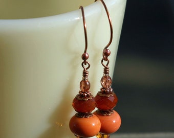 Orange Lampwork Glass Beads Beaded Copper Earrings