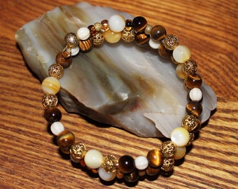 Eye of the Tiger - Beaded Memory Wire Bracelet- Tiger Eye and Mother of Pearl Stone Beads