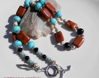 Pueblo - Mosaic Turquoise with  Brown Magnesite and Turquoise Blue Howlite Stone Breads Beaded Necklace