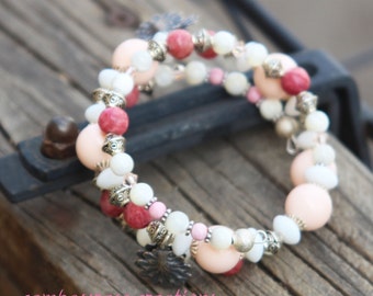 First Blush -  Baby Pink Shell Pearl Beads & Berry Pink Rhodochrosite Beads Beaded Wrap Bracelet