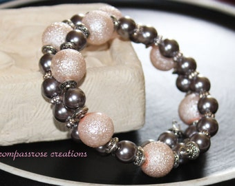 La Rosa - Pink Textured Glass Pearl Beads Beaded Wrap Silver Bracelet