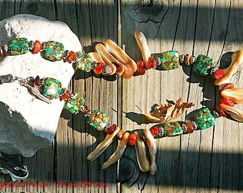 de Chelly - Mosaic Turquoise with Natural Mother of Pearl Frangia Beads Leather Beaded Necklace