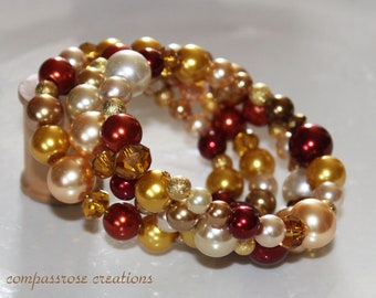 Golden Age  - Gold - Bronze - Cream Mix of Glass Pearl & Rondelle Beads Beaded Wrap Bracelet