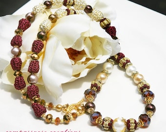 Persian - Burgundy and Gold Moroccan Silk Beads with Glass Pearl Beads Beaded Necklace