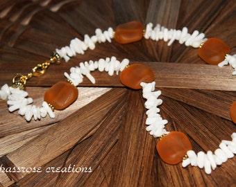 Just Beachy- Saffron Yellow Beach Glass Nuggets & White Coral Beads Beaded Necklace