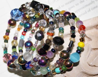 Crystal Medley - Beautiful Mix of Faceted Crystal Glass Beads Beaded Gold Wrap Bracelet