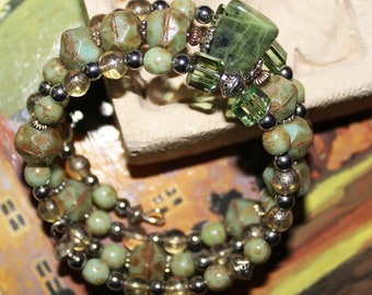 Relic - Green Glass Beads Beaded Silver Wrap Bracelet