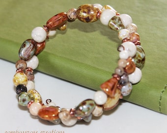 Nature Walk - Marbled Picasso Natural Colors Glass Beads Beaded Wrap Bracelet