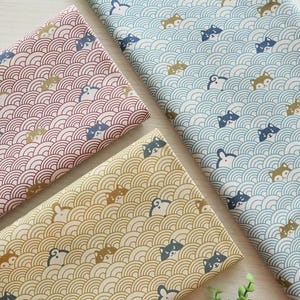 Dogs and Waves - 100% Japanese Cotton, Seigaiha and Shiba Inu Fabric for Sewing, Crafting, Home Decor, Dressmaking