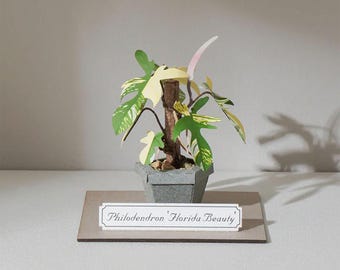 Miniatur Philodendron ‚Florida Beauty‘ Papiermodell: DIY Papier Zimmerpflanze für botanische Kunst, handgemachtes Wohndekor für Pflanzenliebhaber