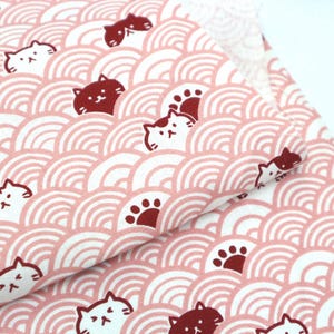 Cats and Waves Fabric - 100% Japanese Cotton, Traditional Seigaiha Print in Sweet Colors for Sewing, Crafting, Home Decor