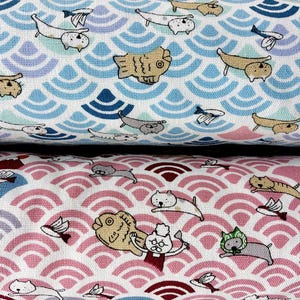 Japanese Cotton Fabric: Cats Riding Waves, Seigaiha Print - Sewing & Crafting