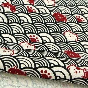 Cats and Waves Fabric - 100% Japanese Cotton, Japanese Traditional Seigaiha with Cat Faces for Sewing, Crafting, Home Decor