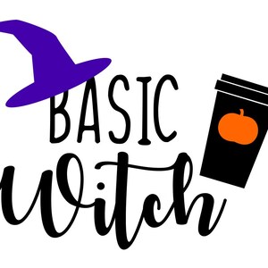 Pode incluir: Design gráfico com as palavras "BASIC WITCH" em letras pretas. Um chapéu de bruxa roxo e uma xícara de café preta com uma abóbora laranja também estão incluídos. A imagem está em um fundo branco.