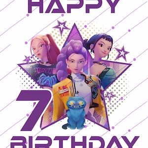 Op de afbeelding: Een digitale illustratie met de woorden "HAPPY 7 BIRTHDAY" in paars. De afbeelding toont drie gestileerde vrouwelijke figuren in een ster en een blauw kattenbeeldje. De achtergrond heeft diagonale lijnen en sterren.