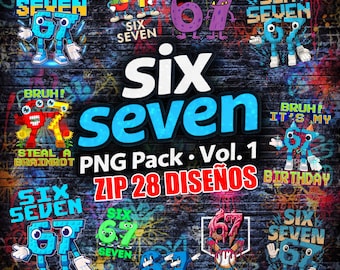 Design Six Seven Pack 67, meme virale divertente 67 PNG per magliette, tazze e adesivi. Brainrot. ZIP 28 pezzi di design PNG.