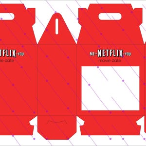 May include: Red die-cut box with a handle, designed for a movie date. The box features the text "ME + NETFLIX + YOU movie date" in white. Diagonal purple lines and dots decorate the red surface.