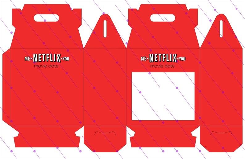May include: Red die-cut box with a handle, designed for a movie date. The box features the text "ME + NETFLIX + YOU movie date" in white. Diagonal purple lines and dots decorate the red surface.