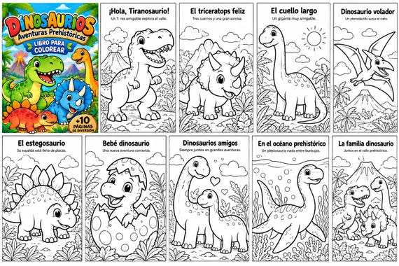 Libro para colorear de dinosaurios para niños / Actividad imprimible en PDF / Tamaños Carta/  Descarga instantánea. 10 paginas.