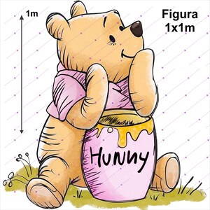 Winnie the Pooh character PNG design, pink watercolor, honey pot, PNG, ideal for a large-scale figure measuring 1x1m. Baby Shower