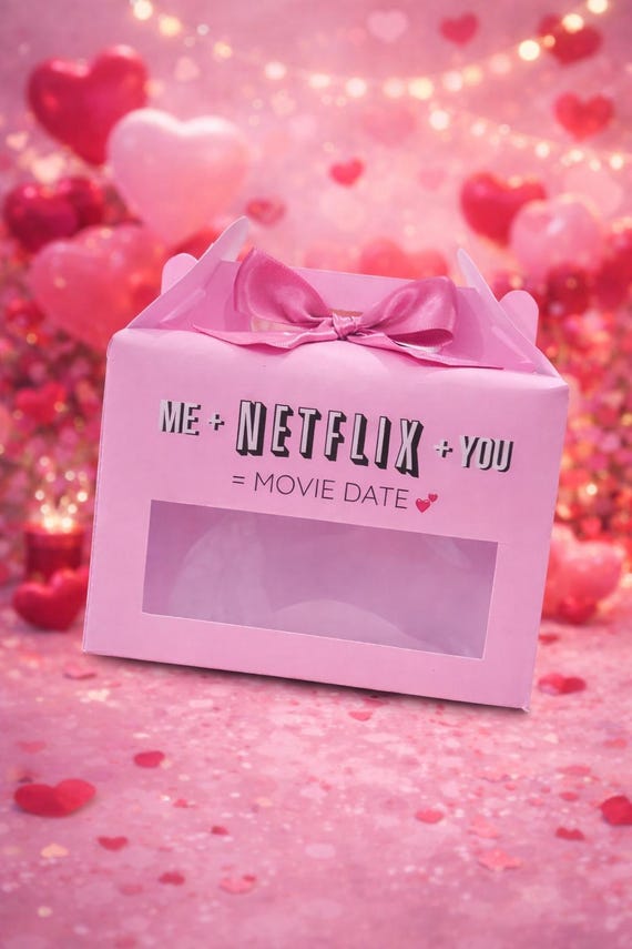 Plantilla Movie Date Netflix en PDF, tamaño 11x17" color rosa. Dia del Amor y Amistad, Regalo Pareja. Plantilla Caja Netflix.
