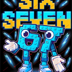 Puede incluir: Ilustración de arte digital con las palabras "SIX SEVEN" en letras pixeladas amarillas y azules. Dos números azules animados, 6 y 7, con ojos de dibujos animados, guantes blancos y zapatos. Gráficos de rayos y puntos rojos rodean el texto.