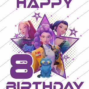 Puede incluir: Gráfico digital para una celebración de 8 cumpleaños. El diseño presenta tres personajes femeninos animados, una criatura azul con forma de gato y las palabras "HAPPY 8 BIRTHDAY" en morado. El fondo es blanco con líneas diagonales y estrellas moradas.