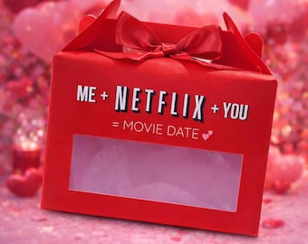 Modello per appuntamento cinematografico Netflix in formato PDF, 11x17" rosso. San Valentino, regalo di coppia. Modello per Netflix Box.
