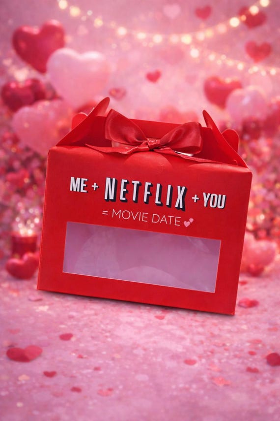 Plantilla Movie Date Netflix en PDF, tamaño 11x17" color roja. Dia del Amor y Amistad, Regalo Pareja. Plantilla Caja Netflix.