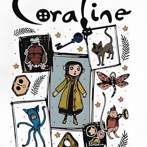 Può includere: Illustrazione stravagante con la parola "Coraline" in un carattere stilizzato. L'immagine include disegni di una ragazza, un gatto, una chiave, una libellula e altri elementi fantastici, su sfondo bianco.