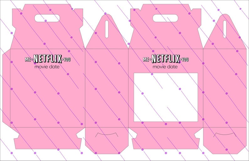 Pu&ograve; includere: Una scatola regalo rosa fustellata con manico, progettata per un appuntamento al cinema. La scatola presenta il testo "ME + NETFLIX + YOU movie date" ed &egrave; decorata con linee diagonali e punti viola.