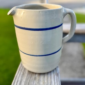 Vintage Stoneware Jug | Pre-1950s Cobalt Blue Band Pitcher | Rustic Farmhouse Kitchenware | Antique Pottery Jug | Cottagecore Decor