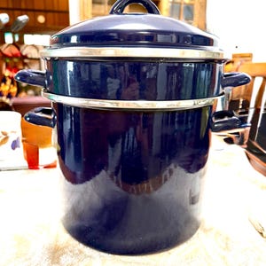 Vintage Blue Enamel Pasta Pot with Strainer Insert and Lid | Enamelware Stock Pot | Cobalt Blue Cookware